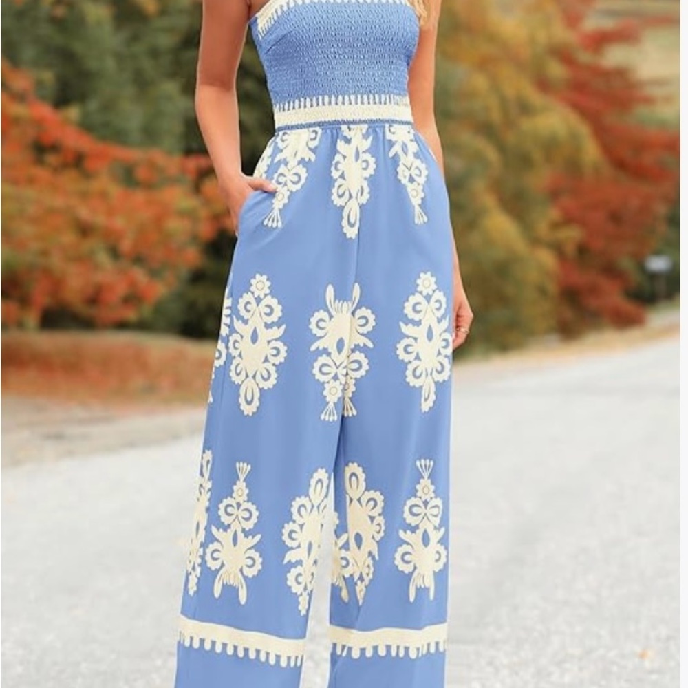 Cream and Blue Ornate Pattern Jumpsuit - Picture 4 of 6